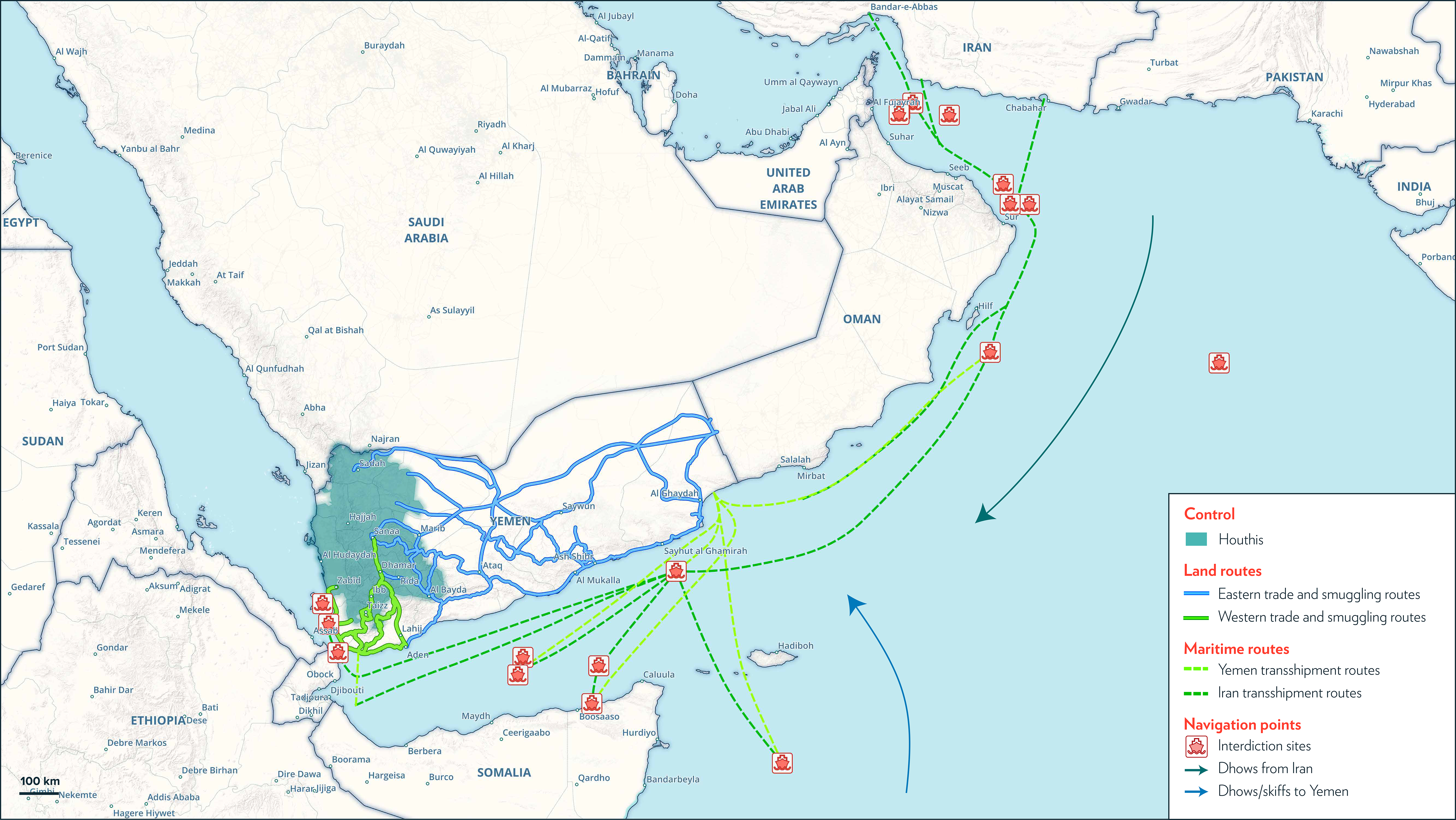 Main Transshipment Routes and Interdiction Sites between Iran and Yemen